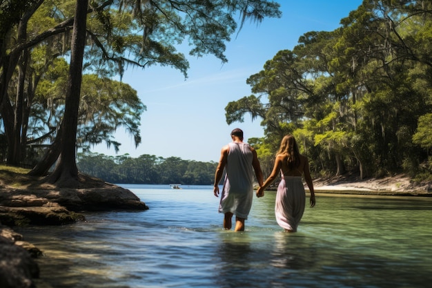 Pareja caminando descalza por el agua IA generativa