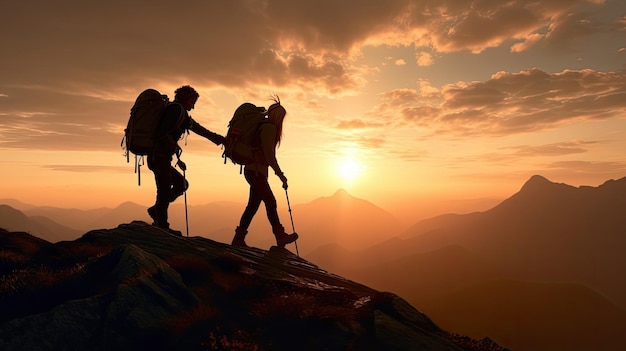 Pareja caminando juntos ayudándose mutuamente formando un equipo de escalada en la montaña al atardecer