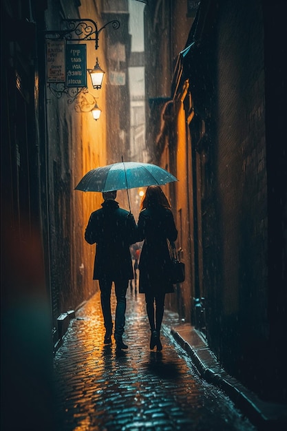 Una pareja caminando bajo la lluvia bajo un paraguas