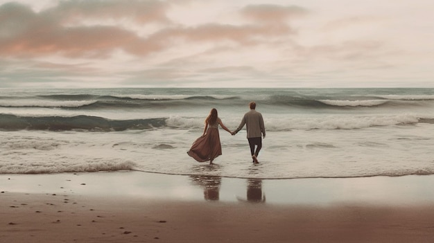 Una pareja caminando de la mano en la costa