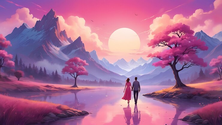 una pareja caminando por las montañas con una puesta de sol en el fondo ilustración de pareja romántica