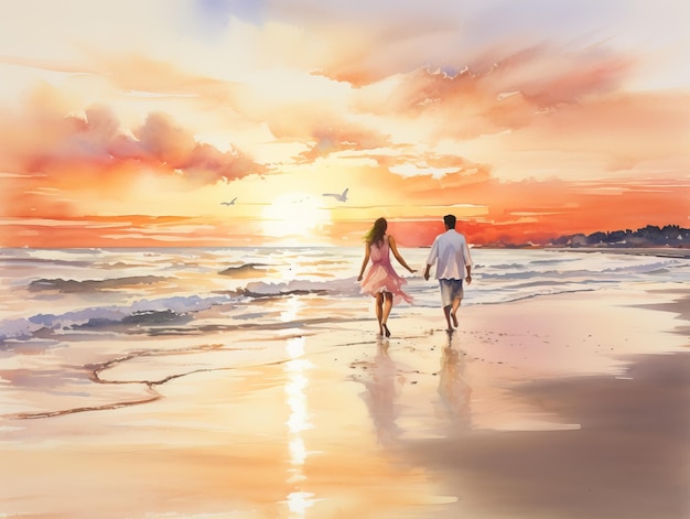 Una pareja caminando por la playa al atardecer Concepto de amor