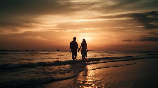 Pareja caminando por la playa al atardecer Viaje romántico conceptgenerative ai