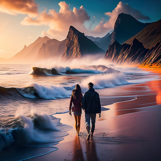 Una pareja caminando por la playa con montañas en el fondo