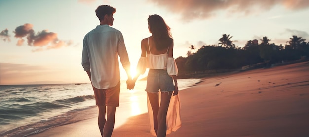 Una pareja caminando por una playa en una noche romántica