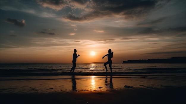 Una pareja caminando en una playa con la puesta de sol detrás de ellosgenerativo ai