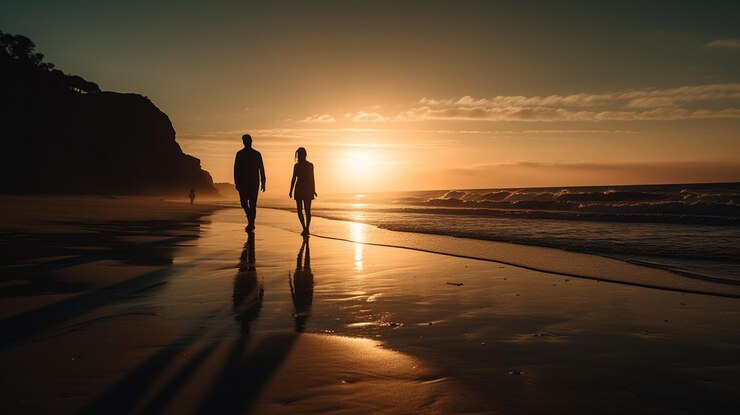 Una pareja caminando en una playa con la puesta de sol detrás de ellosgenerativo ai