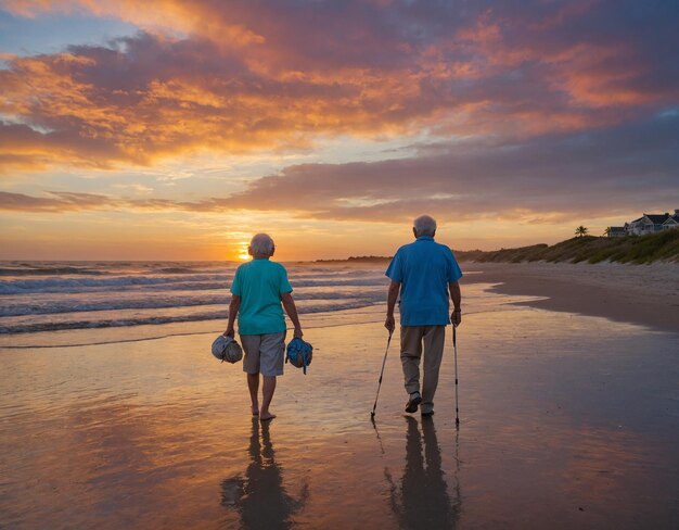 pareja caminando por la playa con una puesta de sol en el fondo