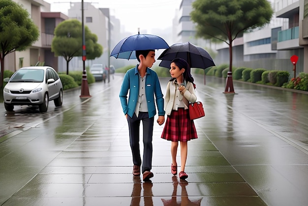 Pareja caminando por el sendero bajo la lluvia