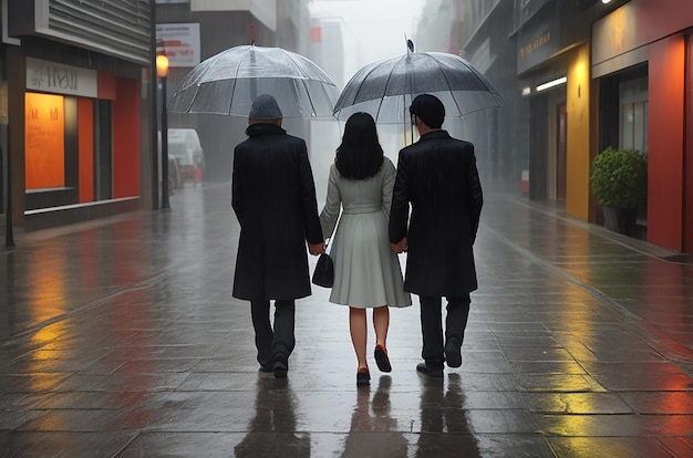 Pareja caminando por el sendero bajo la lluvia