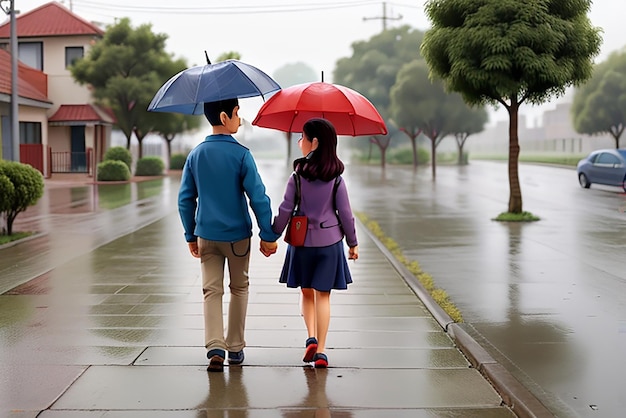 Pareja caminando por el sendero bajo la lluvia