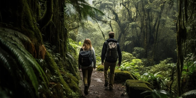 Foto una pareja de caminatas a través de la selva generativa de ia