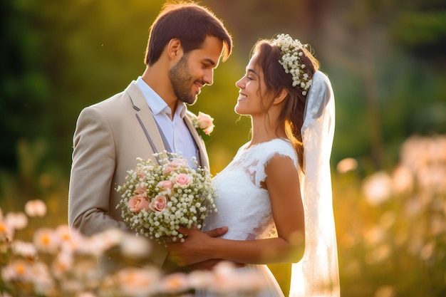 Una pareja en un campo de flores con la palabra amor en la parte superior