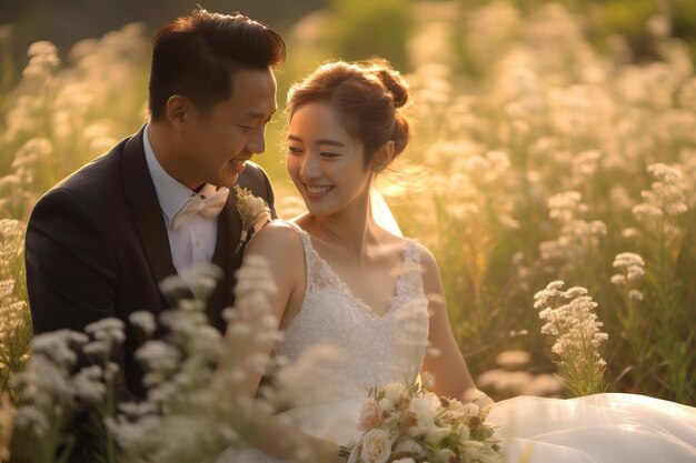 Una pareja en un campo de flores.