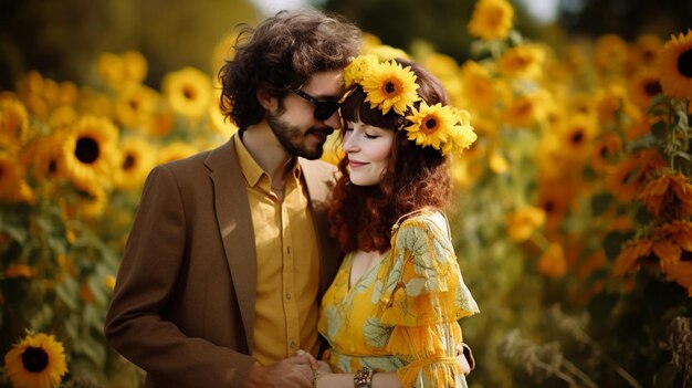 una pareja en un campo de girasoles