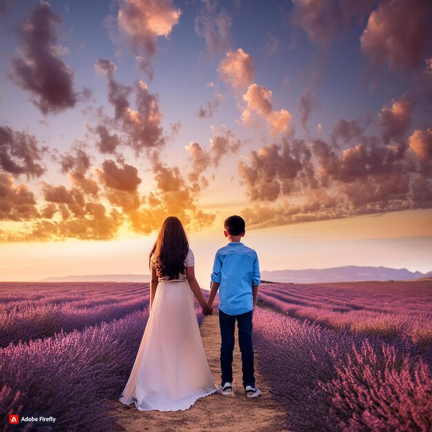 Foto una pareja en un campo de lavanda y una puesta de sol
