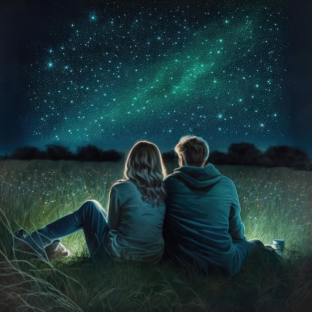 Foto pareja en el campo mirando las estrellas en el cielo nocturno creado con tecnología de inteligencia artificial generativa