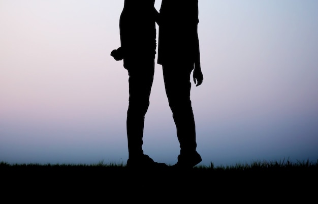 Pareja en un campo con silueta en el cielo.