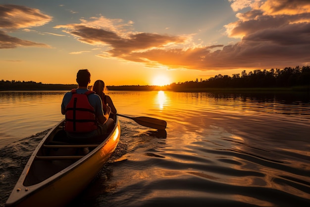 Foto una pareja en canoa en un lago tranquilo al atardecer con cielos vibrantes y agua reflectante