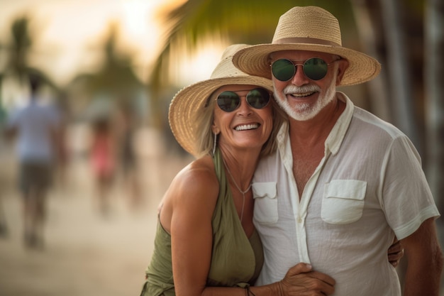 Pareja de caricias de mediana edad disfrutando del tiempo en la playa