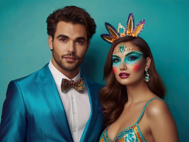 Una pareja de carnaval posando para una foto con fondo azul