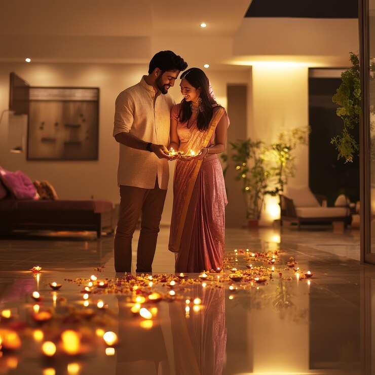 pareja en una casa con velas flotando en el agua