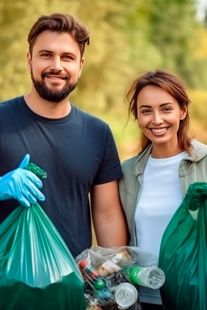 Una pareja casada con bolsas de basura en las manos recoge la basura la luz del sol suave borrosa