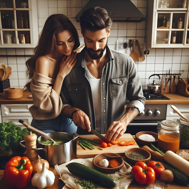 Una pareja casada cocinando juntos.