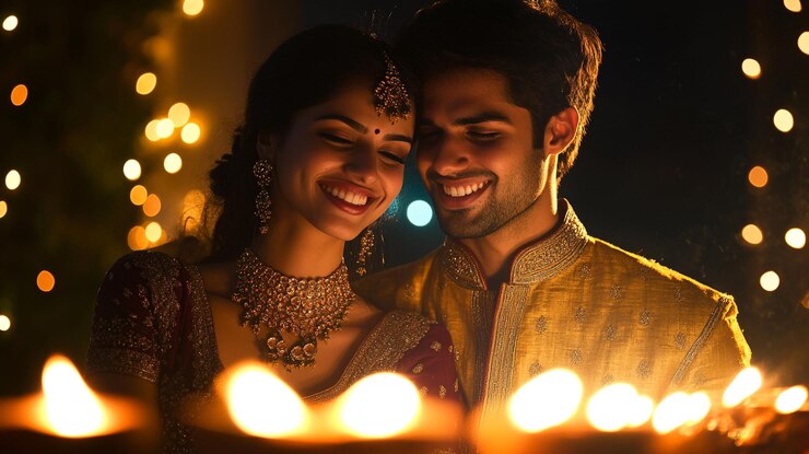 Una pareja celebra Diwali intercambiando flores y sonriendo en medio de lámparas encendidas