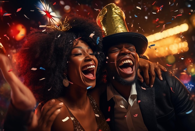 Foto una pareja celebrando en un club nocturno con sus sombreros de navidad