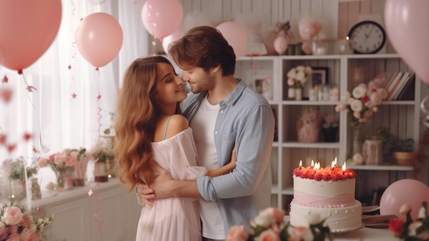 Pareja celebrando un cumpleaños con un pastel y globos.