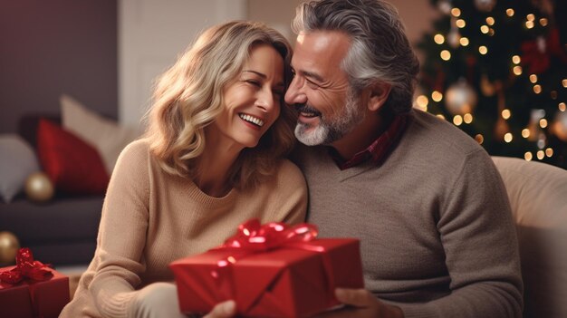 Una pareja celebrando Navidad en casa.