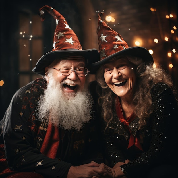 Una pareja celebrando la Navidad con sombreros y trajes de brujas Generative Ai