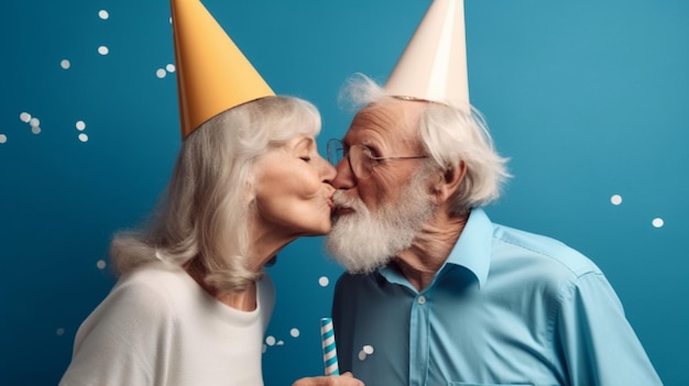 Una pareja celebrando su cumpleaños con un fondo azul.