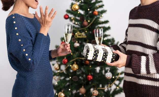 Pareja celebrando las vacaciones de Navidad junto con copas de champán