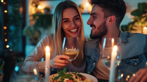 Una pareja cenando en casa.