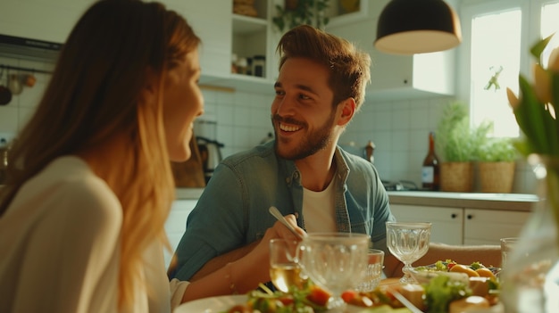 Una pareja cenando en casa.