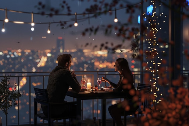 Una pareja cenando a la luz de las velas en un balcón