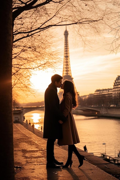 Foto una pareja cerca de la torre eiffel en parís un beso romántico