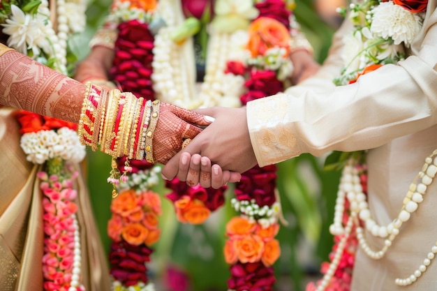 Foto una pareja de ceyloneses del sur de la india unen los dedos del dedo meñique el día de la boda