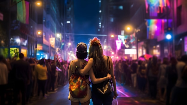Pareja de chicas en la noche del desfile del orgullo Concepto de orgullo LGBT generado por IA