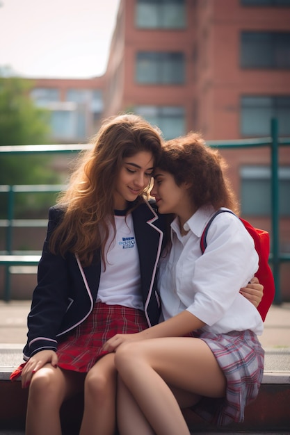 Pareja de chichas lesbianas jovenes lesbianas con uniforme de colegio en actitud amorosa