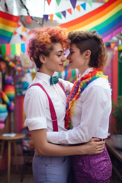 Pareja de chichas lesbianas LGTBY en una fiesta con actitud amorosa