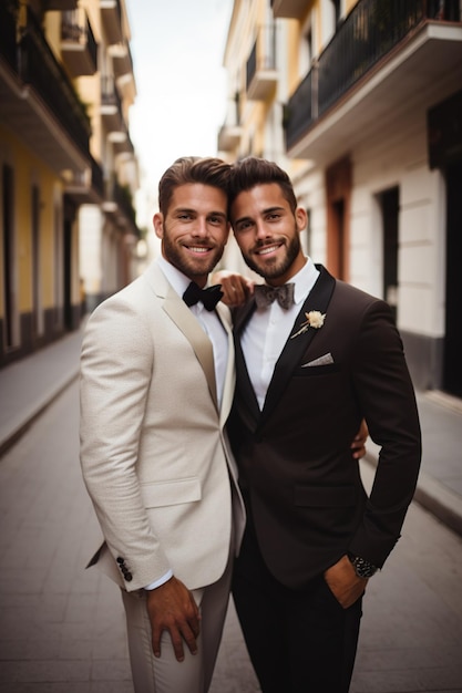 Foto pareja de chicos gay en el dia de su boda lgtby