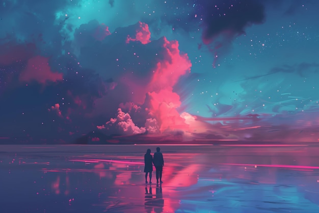 Una pareja bajo un cielo rosa surrealista