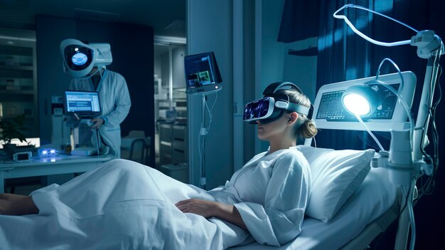 Foto una pareja de cirujanos con gafas de realidad virtual se sientan en una cama de hospital.