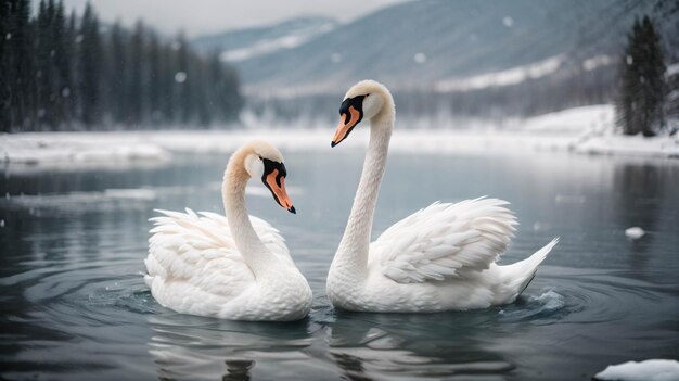 Una pareja de cisnes blancos nadando en el lago formando una forma de amor con el bosque de árboles al atardecer de fondo