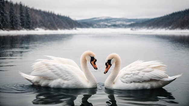 Una pareja de cisnes blancos nadando en el lago formando una forma de amor con el bosque de árboles al atardecer de fondo