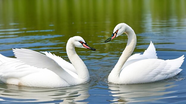 Una pareja de cisnes blancos nadando en el lago.