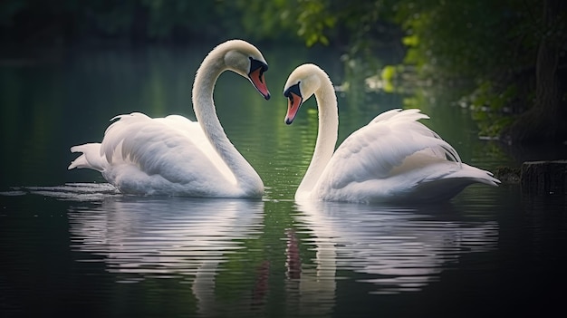 Una pareja de cisnes blancos prístinos